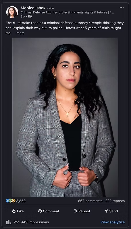 Monica Ishak LinkedIn post — 251,000 impressions