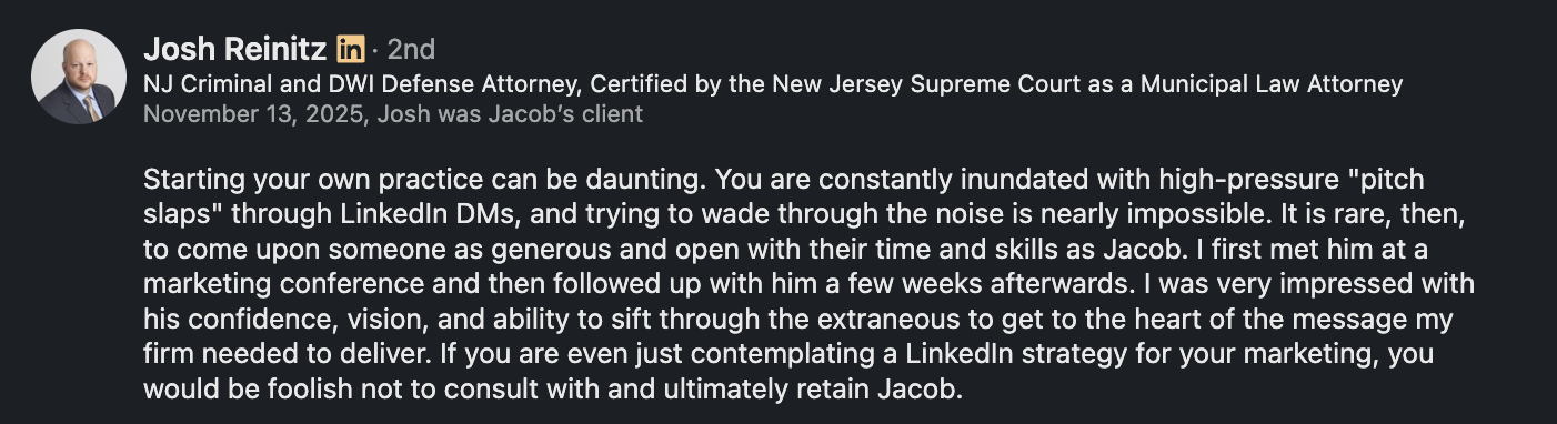 LinkedIn recommendation from Josh Reinitz, NJ Criminal and DWI Defense Attorney