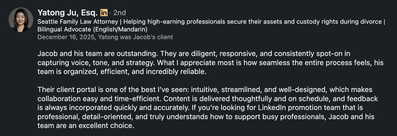 LinkedIn recommendation from Yatong Ju, Seattle Family Law Attorney