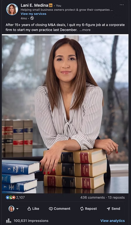 Lani Medina LinkedIn post — 100,000 impressions