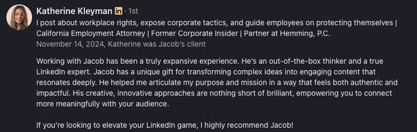 LinkedIn recommendation from Katherine Kleyman, California Employment Attorney
