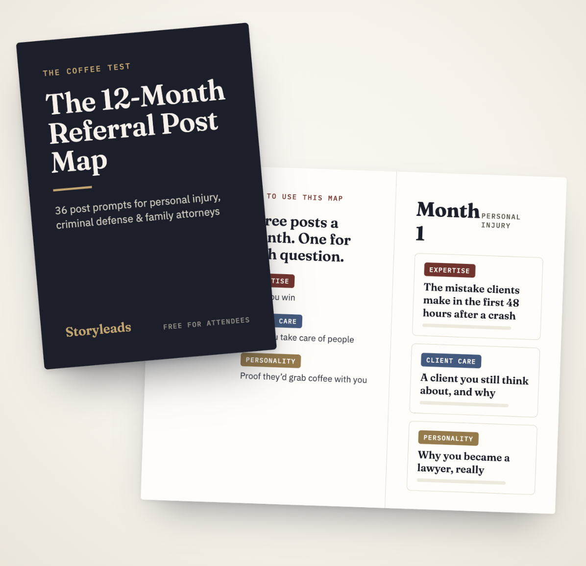 The 12-Month Referral Post Map: Storyleads workbook cover beside sample Coffee Test prompt pages