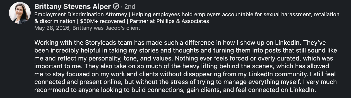 LinkedIn recommendation from Brittany Stevens Alper, Employment Discrimination Attorney