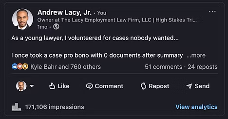 Andre Lacy LinkedIn post — 171,000 impressions