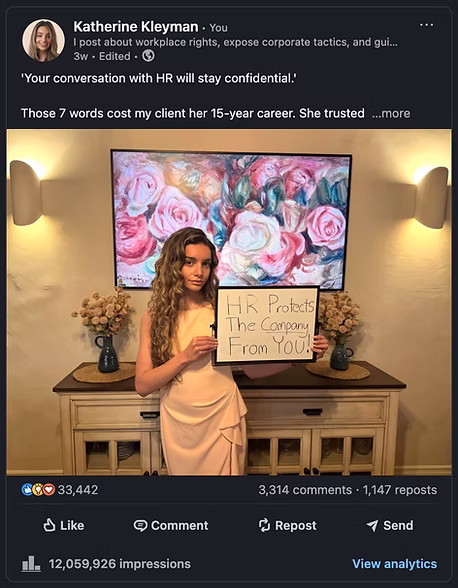 Katherine Kleyman LinkedIn post — 12,059,926 impressions